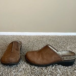 UGG Brown Leather Shearling-Lined Clogs
